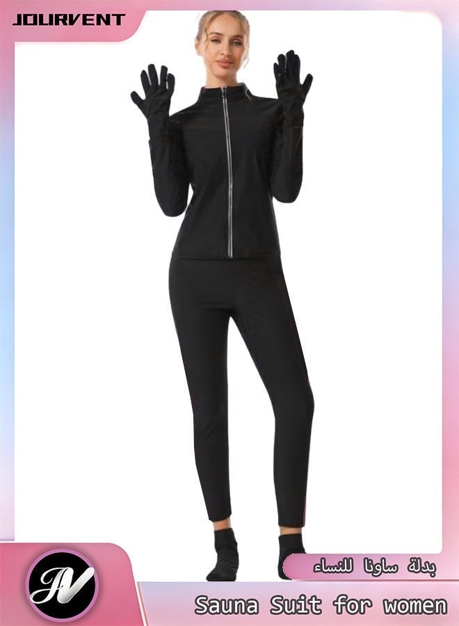 Jourvent Women's Sauna Suit Sweat Set for Weight Loss, Zipper Long Sleeve Top & High-Waist Shaping Pants with Gloves ,Socks & Hat - Image 2